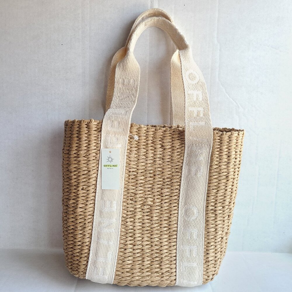 OFFLINE by Aerie Mini Raffia Tote Bag Natural Cream Woven NWT One Size